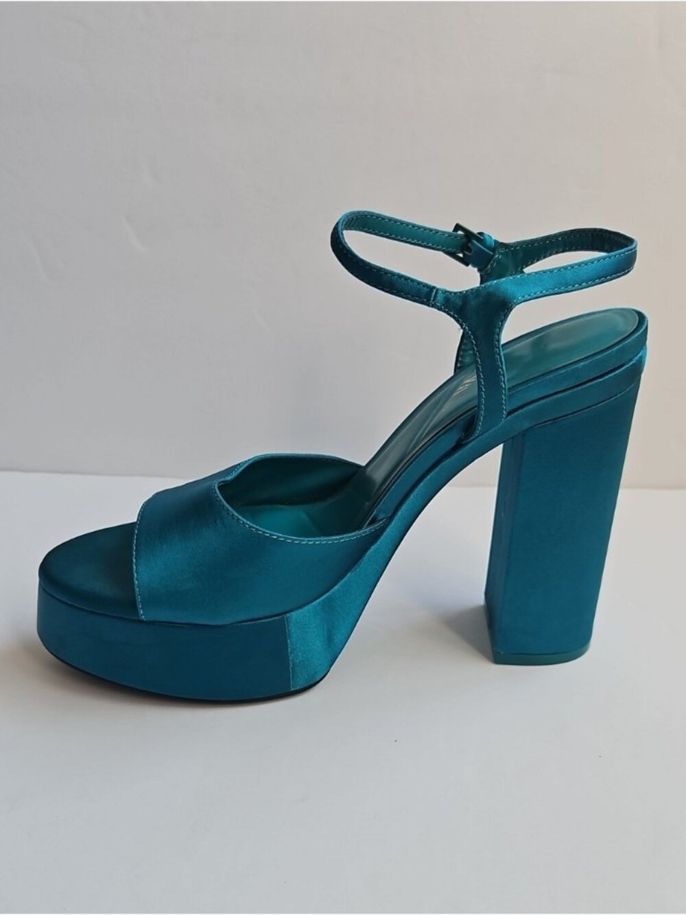 Zara Emerald Green Satin Ankle Strap Platform Block Heel Sandals - Picture 3 of 7